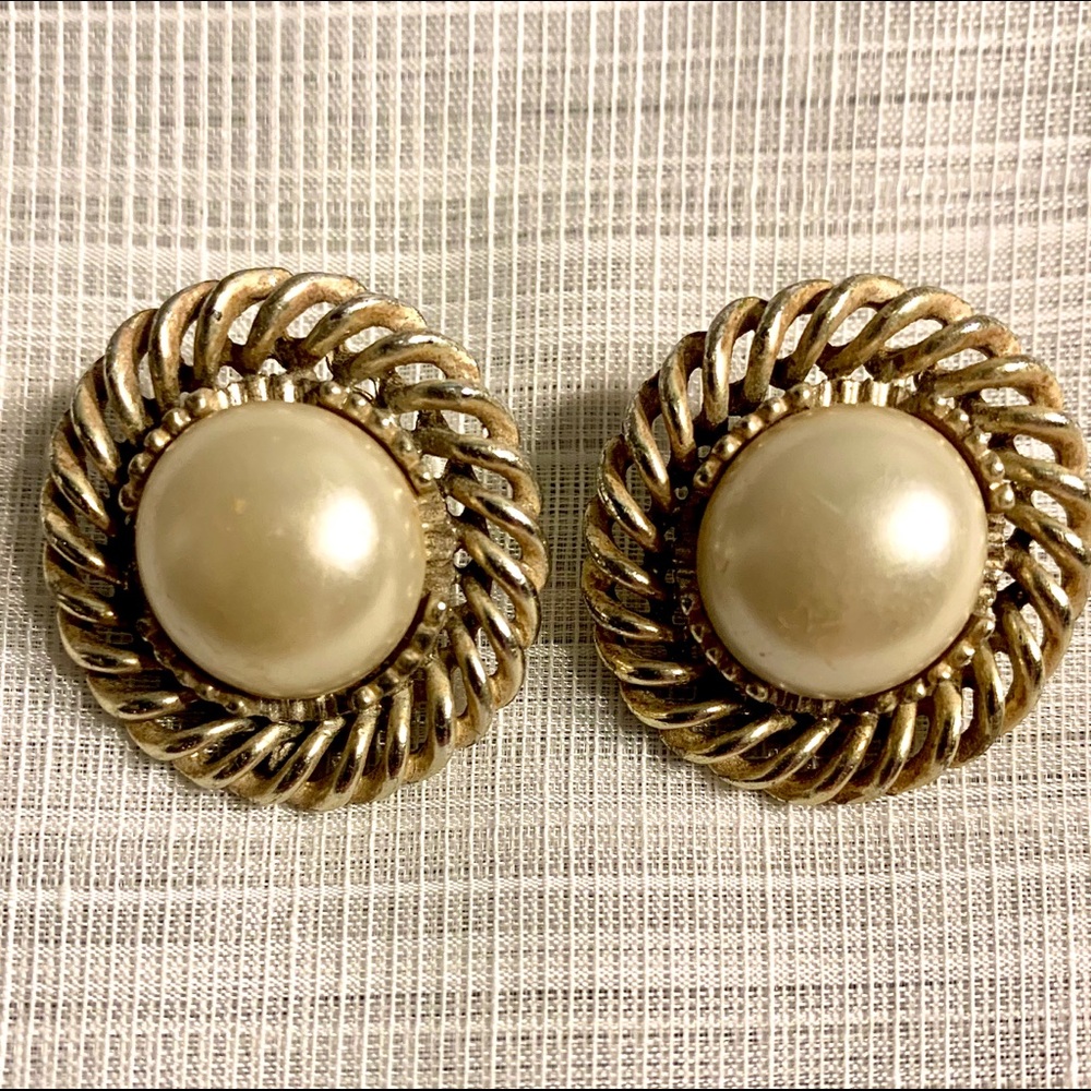 Vintage Silver Toned Faux Pearl Swirl Earrings